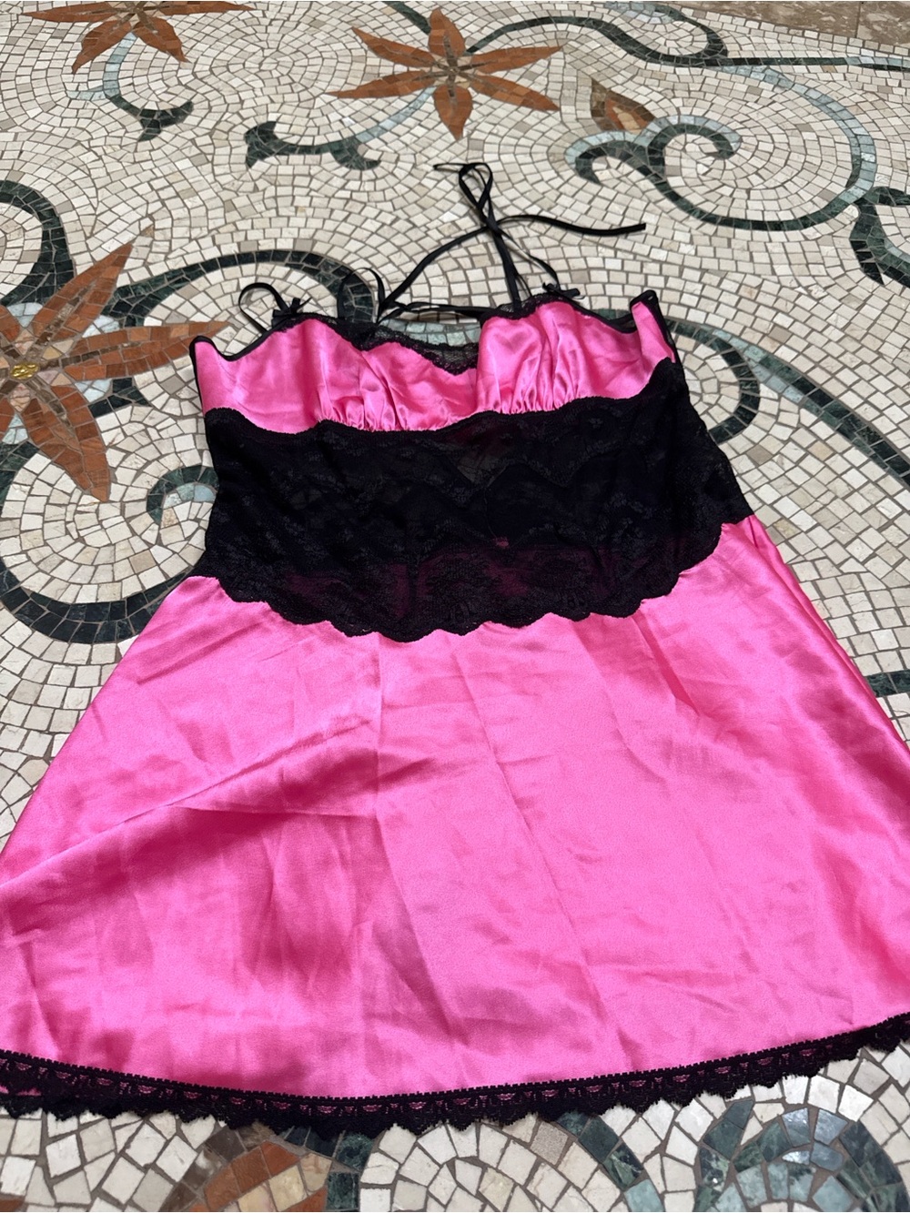 Betsey Johnson Hot Pink Satin Chemise with Black Lace Trim